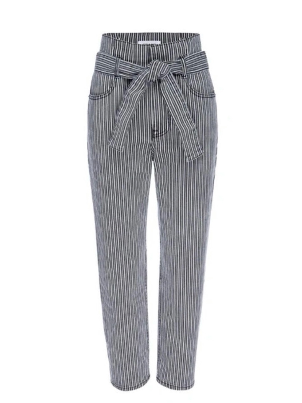 FRAME High-Waist Striped Pleated Pants with Tie Belt - Dark Gray & White, 26